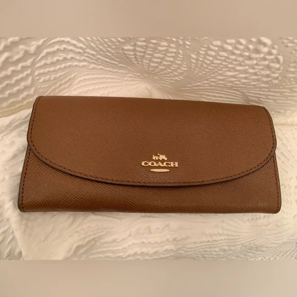 Genuine COACH Crossgrain Leather Slim Envelope Wallet Saddle color